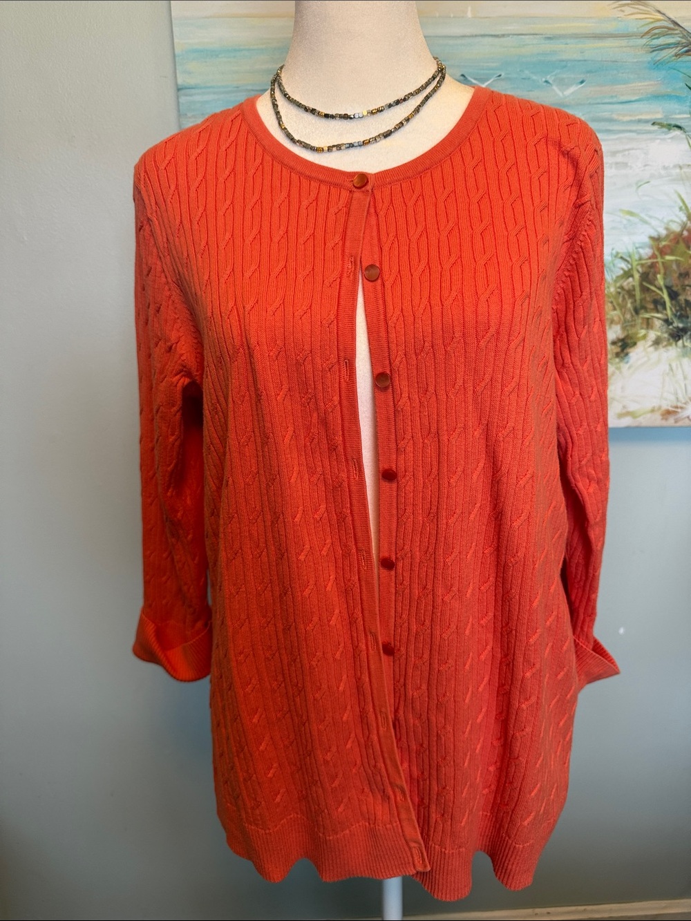 Talbots Coral-Orange Cable Knit Button-Front Long Sleeve Dress